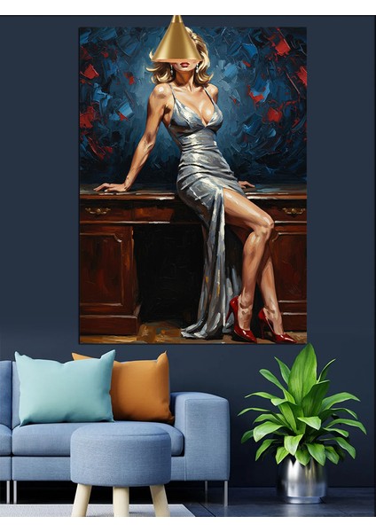 Uzun Zarif Elbise Giymiş Oturan Sarışın Kadın Dekoratif Kanvas - Mdf Ahşap Tablo modelleri