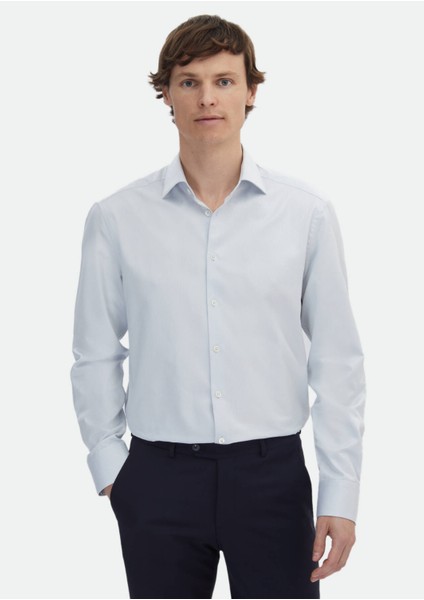 Açık Gri Çizgili Regular Fit Dokuma Klasik %100 Pamuk Gömlek