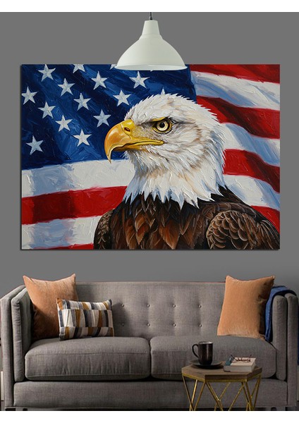 Amerikan Bayrağı Üzerinde Kartal Dekoratif Kanvas - Mdf Ahşap Tablo fırsatları