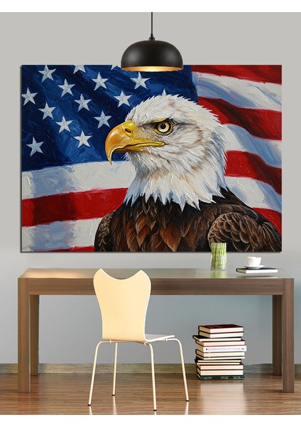 Amerikan Bayrağı Üzerinde Kartal Dekoratif Kanvas - Mdf Ahşap Tablo indirimleri