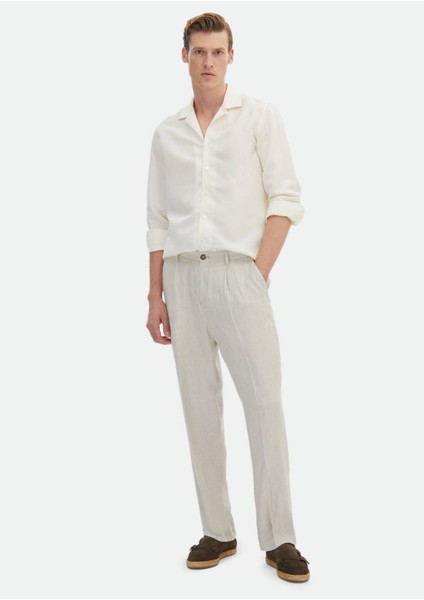 Beyaz Düz Regular Fit Dokuma Casual Keten Karışımlı Gömlek fiyatları