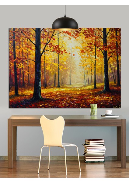 Sonbahar Ormanı Yağlıboya Manzara Dekoratif Kanvas - Mdf Ahşap Tablo fırsatları