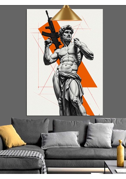 Silahlı Eski Heykel Dekoratif Kanvas - Mdf Ahşap Tablo