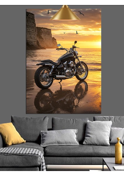 Motosiklet Gün Batımı Kumsal ve Deniz Dekoratif Kanvas - Mdf Ahşap Tablo