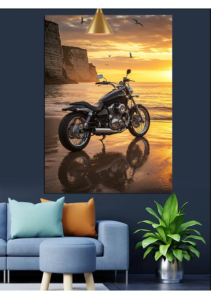 Motosiklet Gün Batımı Kumsal ve Deniz Dekoratif Kanvas - Mdf Ahşap Tablo fırsatları