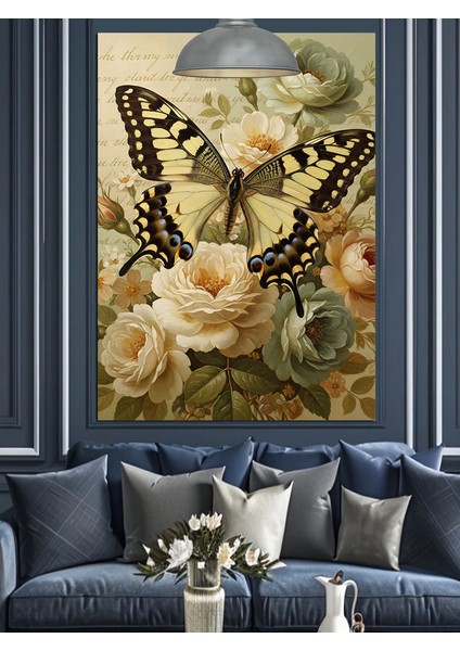 Sarıkelebek Gül ve Çiçekler Dekoratif Kanvas - Mdf Ahşap Tablo