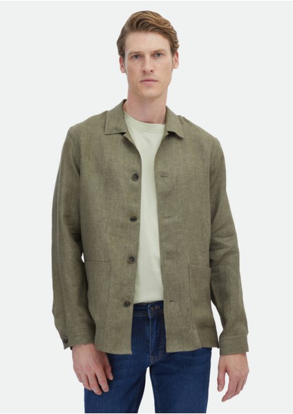 Haki Düz Regular Fit Dokuma %100 Keten Overshırt fiyatları