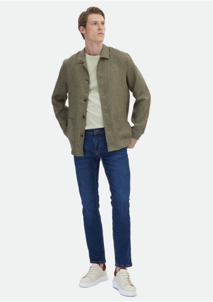 Haki Düz Regular Fit Dokuma %100 Keten Overshırt modelleri