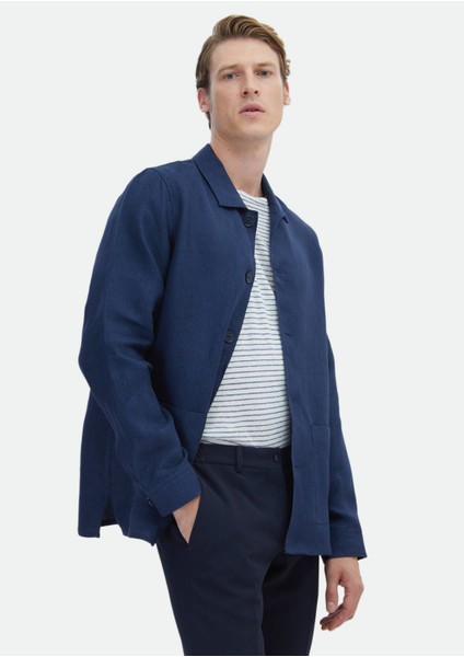 Lacivert Düz Regular Fit Dokuma %100 Keten Overshırt fiyatları