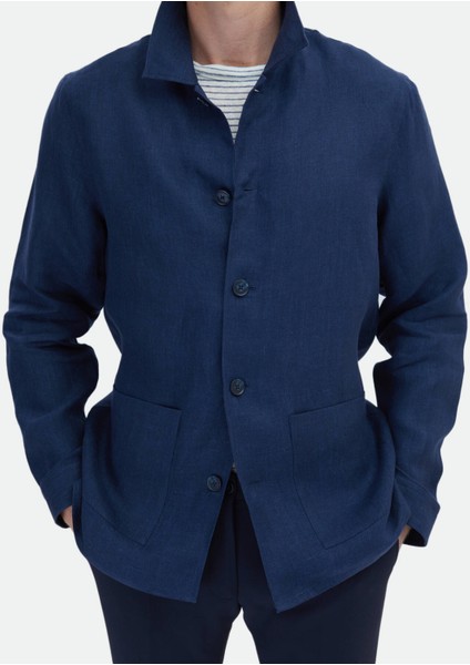 Lacivert Düz Regular Fit Dokuma %100 Keten Overshırt indirimleri