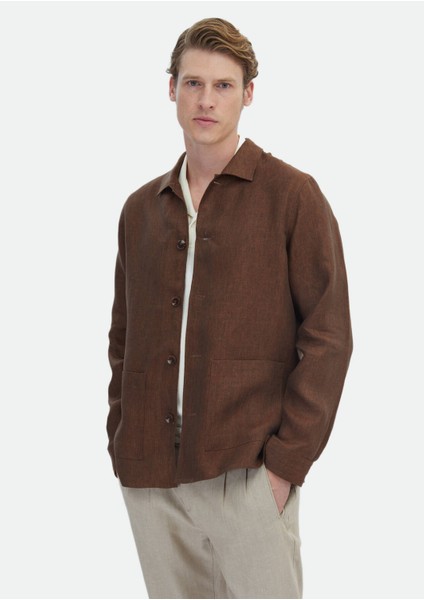 Kiremit Düz Regular Fit Dokuma %100 Keten Overshırt fiyatları