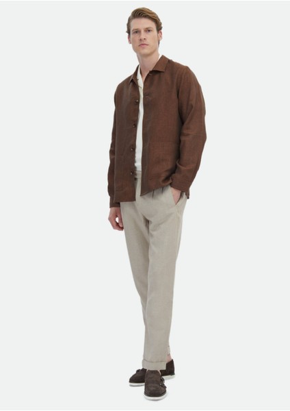 Kiremit Düz Regular Fit Dokuma %100 Keten Overshırt modelleri