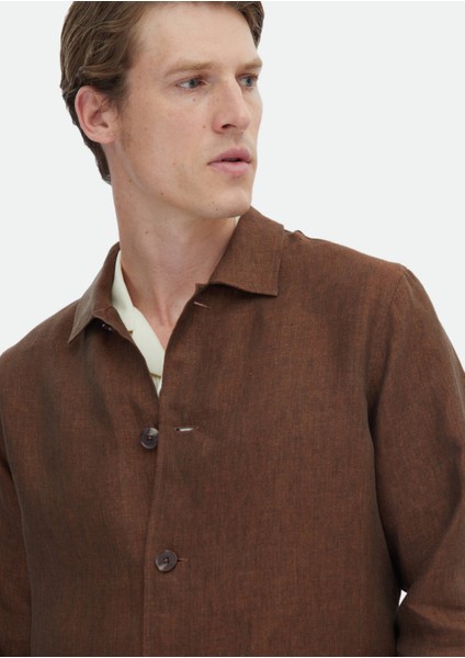 Kiremit Düz Regular Fit Dokuma %100 Keten Overshırt fırsatları