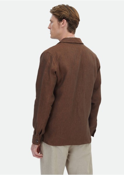 Kiremit Düz Regular Fit Dokuma %100 Keten Overshırt indirimleri