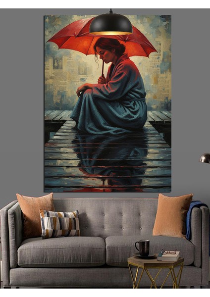 Kırmızı Şemsiyesiyle Islak Sokakta Oturan Kadın Dekoratif Kanvas - Mdf Ahşap Tablo