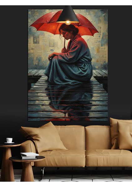 Kırmızı Şemsiyesiyle Islak Sokakta Oturan Kadın Dekoratif Kanvas - Mdf Ahşap Tablo modelleri