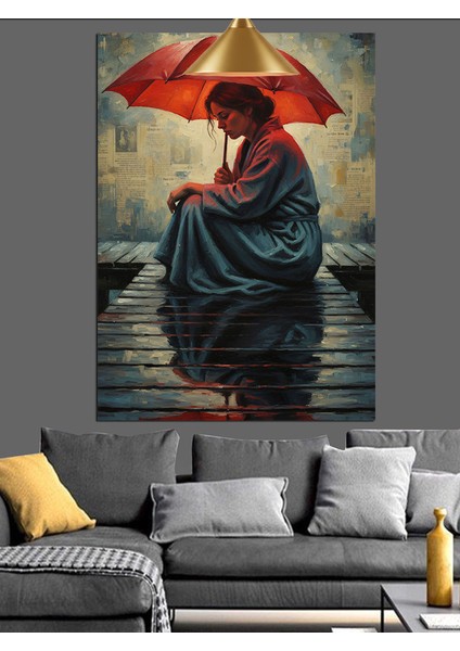 Kırmızı Şemsiyesiyle Islak Sokakta Oturan Kadın Dekoratif Kanvas - Mdf Ahşap Tablo fırsatları