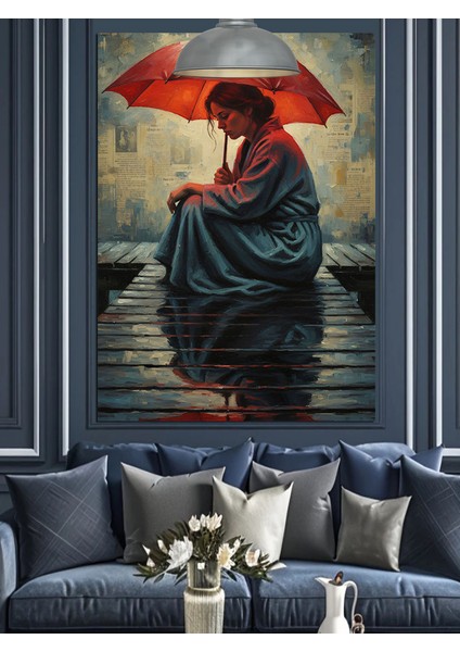 Kırmızı Şemsiyesiyle Islak Sokakta Oturan Kadın Dekoratif Kanvas - Mdf Ahşap Tablo indirimleri