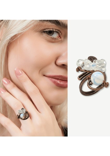 Bakır Bronz Alaşım Kadın Yüzük - Amorf Beyaz Kuvars Doğaltaşlı - Retro Tasarım - Ayarlanabilir Ölçü fiyatları