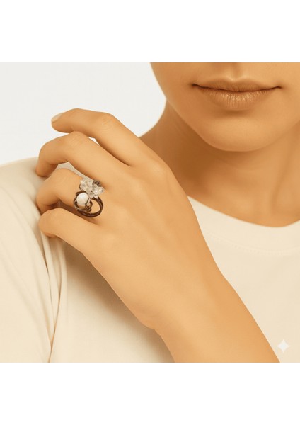 Bakır Bronz Alaşım Kadın Yüzük - Amorf Beyaz Kuvars Doğaltaşlı - Retro Tasarım - Ayarlanabilir Ölçü fırsatları