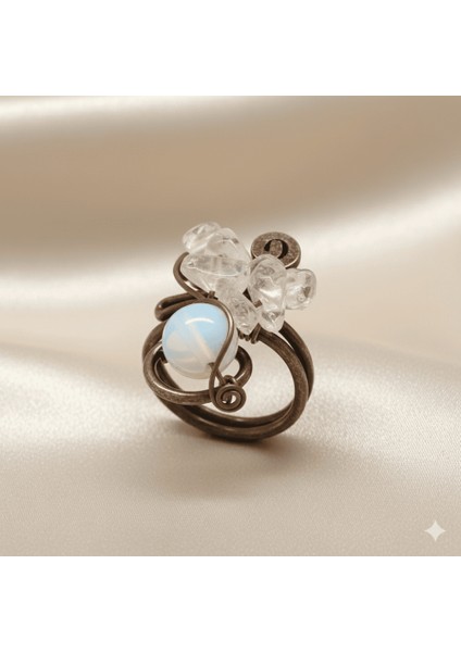 Bakır Bronz Alaşım Kadın Yüzük - Amorf Beyaz Kuvars Doğaltaşlı - Retro Tasarım - Ayarlanabilir Ölçü indirimleri