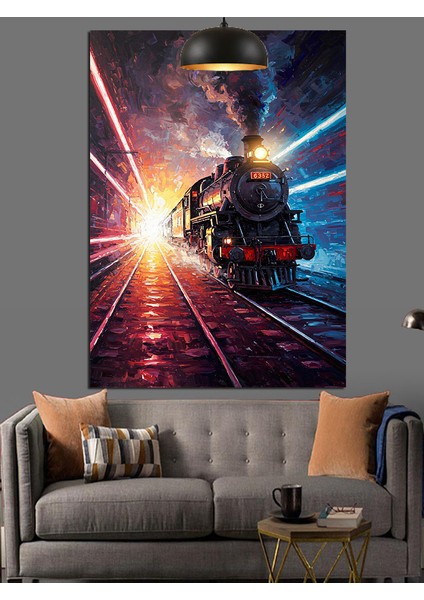 Karanlıkta Parlak Işıklı Kara Tren Dekoratif Kanvas - Mdf Ahşap Tablo