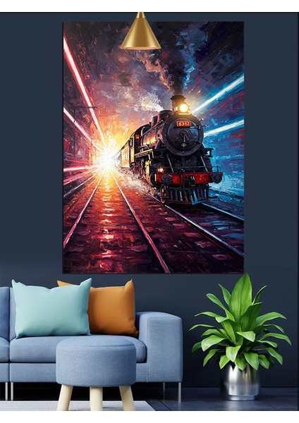 Karanlıkta Parlak Işıklı Kara Tren Dekoratif Kanvas - Mdf Ahşap Tablo fiyatları