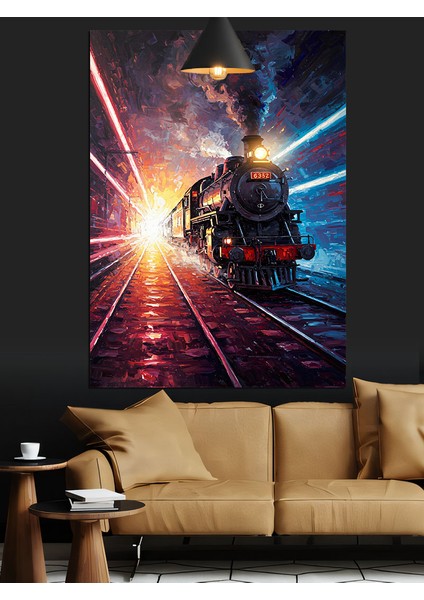 Karanlıkta Parlak Işıklı Kara Tren Dekoratif Kanvas - Mdf Ahşap Tablo modelleri