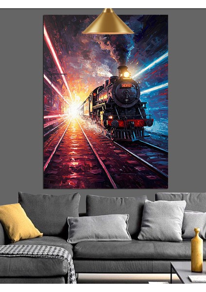 Karanlıkta Parlak Işıklı Kara Tren Dekoratif Kanvas - Mdf Ahşap Tablo fırsatları