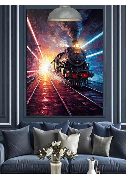 Karanlıkta Parlak Işıklı Kara Tren Dekoratif Kanvas - Mdf Ahşap Tablo indirimleri