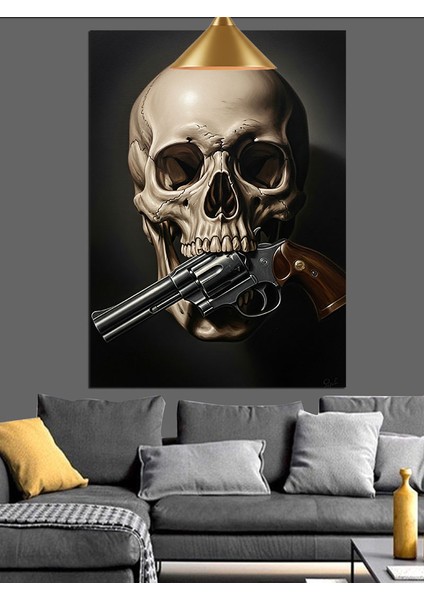 Silahlı Kuru Kafa Koyu Fon Dekoratif Kanvas - Mdf Ahşap Tablo