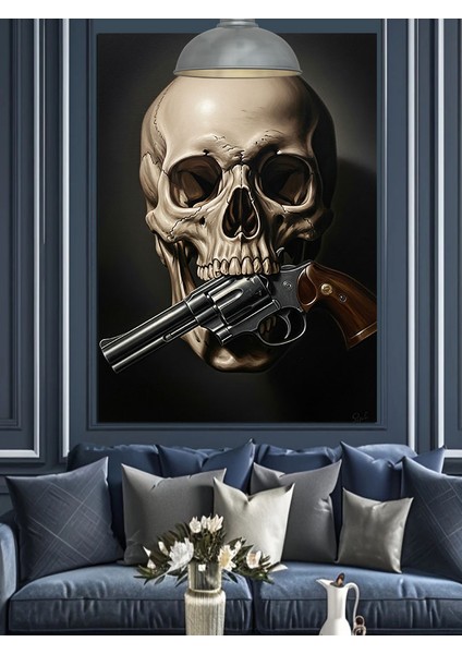 Silahlı Kuru Kafa Koyu Fon Dekoratif Kanvas - Mdf Ahşap Tablo fiyatları
