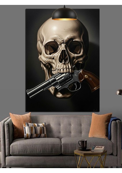 Silahlı Kuru Kafa Koyu Fon Dekoratif Kanvas - Mdf Ahşap Tablo modelleri