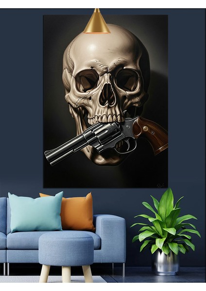Silahlı Kuru Kafa Koyu Fon Dekoratif Kanvas - Mdf Ahşap Tablo fırsatları