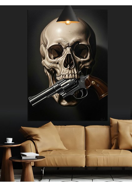 Silahlı Kuru Kafa Koyu Fon Dekoratif Kanvas - Mdf Ahşap Tablo indirimleri