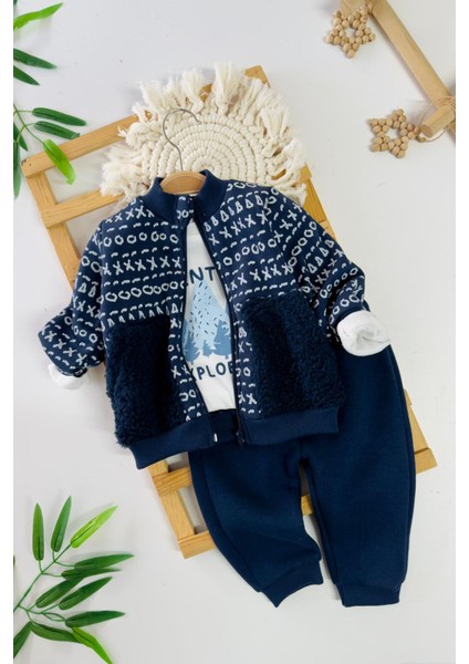 Polar Cep Detaylı Desenli Erkek Çocuk 3’lü kışlık takım - Lacivert