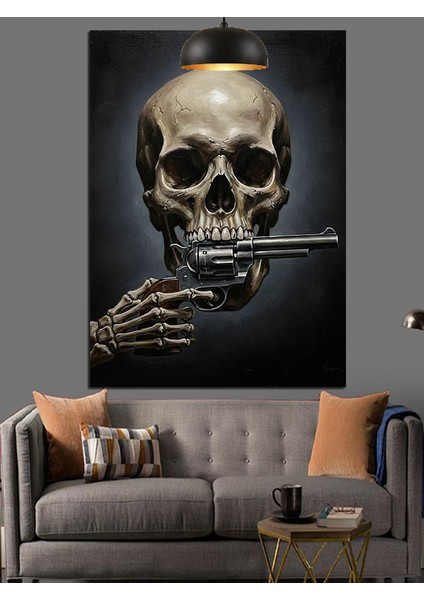 Silahlı Kuru Kafa Dekoratif Kanvas - Mdf Ahşap Tablo