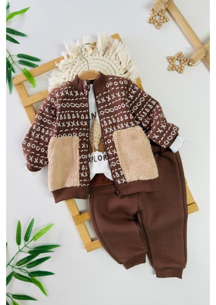 Polar Cep Detaylı Desenli Erkek Çocuk 3’lü kışlık takım - Kahverengi
