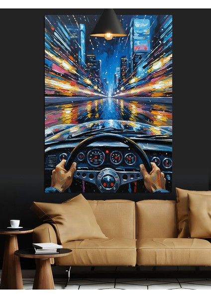 Şehir Işıkları Manzarası Gecede Araba Sürmek Dekoratif Kanvas - Mdf Ahşap Tablo