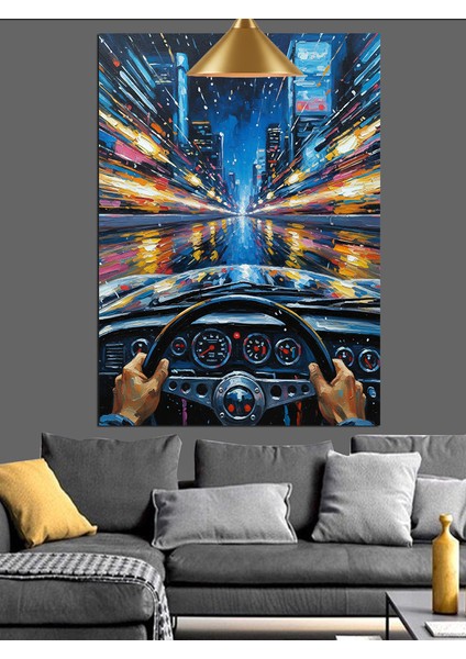 Şehir Işıkları Manzarası Gecede Araba Sürmek Dekoratif Kanvas - Mdf Ahşap Tablo fiyatları
