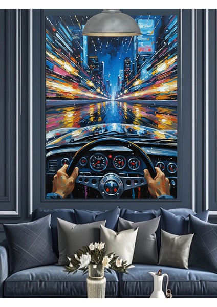 Şehir Işıkları Manzarası Gecede Araba Sürmek Dekoratif Kanvas - Mdf Ahşap Tablo modelleri