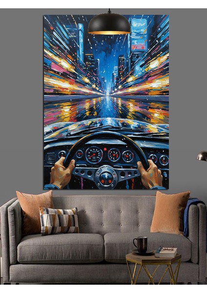 Şehir Işıkları Manzarası Gecede Araba Sürmek Dekoratif Kanvas - Mdf Ahşap Tablo fırsatları