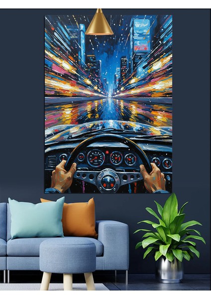 Şehir Işıkları Manzarası Gecede Araba Sürmek Dekoratif Kanvas - Mdf Ahşap Tablo indirimleri