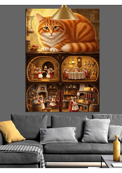 Oyuncak Ev ve Turuncu Kedi Sevimli Dekoratif Kanvas - Mdf Ahşap Tablo