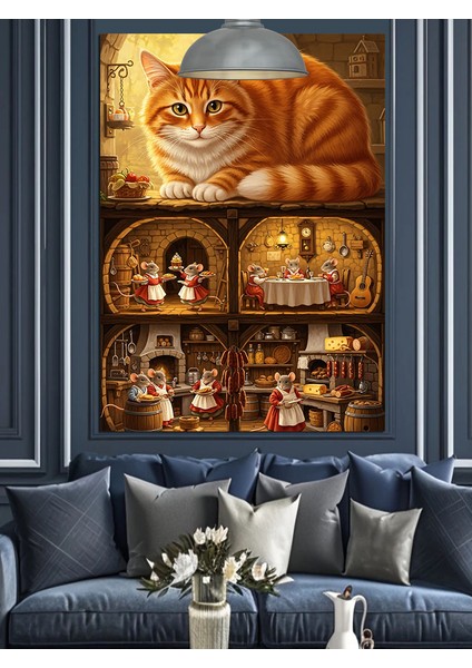 Oyuncak Ev ve Turuncu Kedi Sevimli Dekoratif Kanvas - Mdf Ahşap Tablo fiyatları