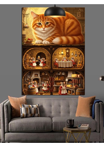 Oyuncak Ev ve Turuncu Kedi Sevimli Dekoratif Kanvas - Mdf Ahşap Tablo modelleri