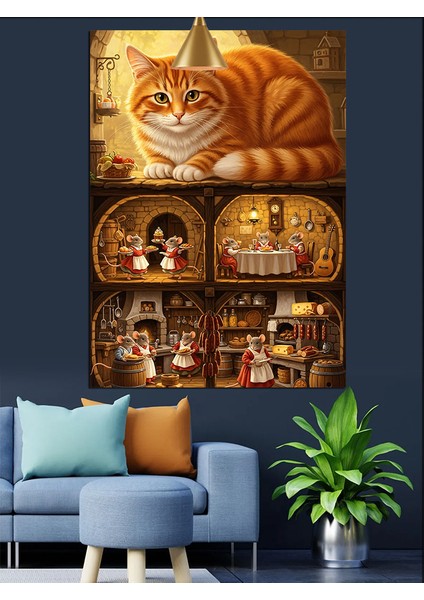 Oyuncak Ev ve Turuncu Kedi Sevimli Dekoratif Kanvas - Mdf Ahşap Tablo fırsatları