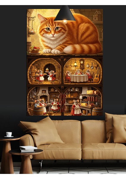 Oyuncak Ev ve Turuncu Kedi Sevimli Dekoratif Kanvas - Mdf Ahşap Tablo indirimleri