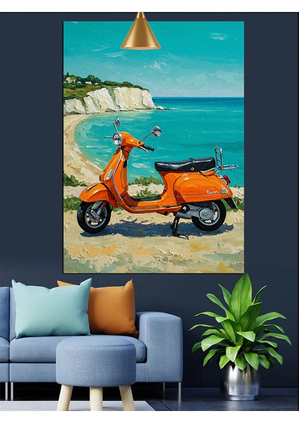 Turuncu Scooter Motorsiklet Plaj Manzarası Dekoratif Kanvas - Mdf Ahşap Tablo