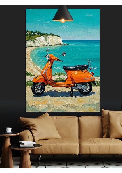 Turuncu Scooter Motorsiklet Plaj Manzarası Dekoratif Kanvas - Mdf Ahşap Tablo fiyatları